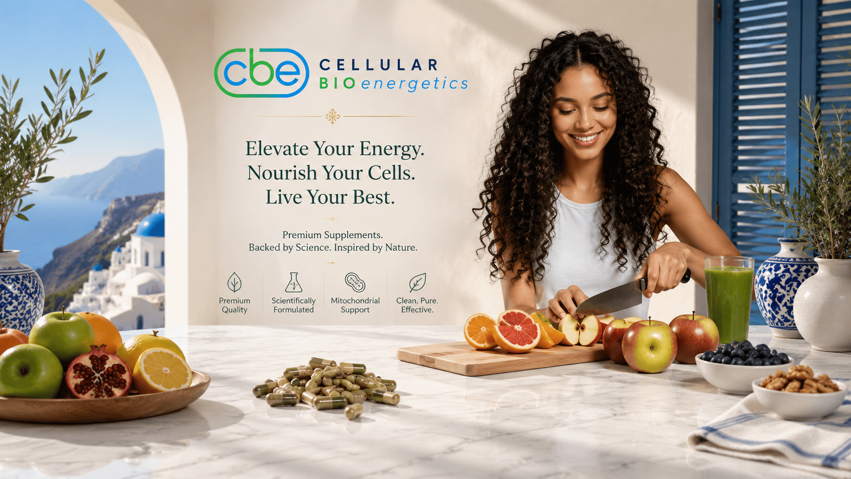 Woman preparing a healthy meal with fruits and vegetables, with CBE Cellular Bioenergetics branding in the background.